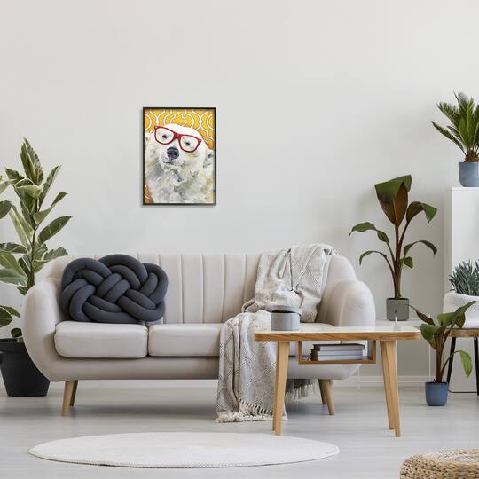 Stupell Industries Polar Bear Red Glasses Bold Yellow Geometric Pattern Framed Wall Art